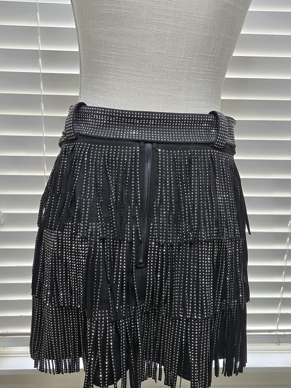 Black Studded Fringe Mini Skirt Skort Rhinestone Belted Western Festival Medium - Picture 2 of 9